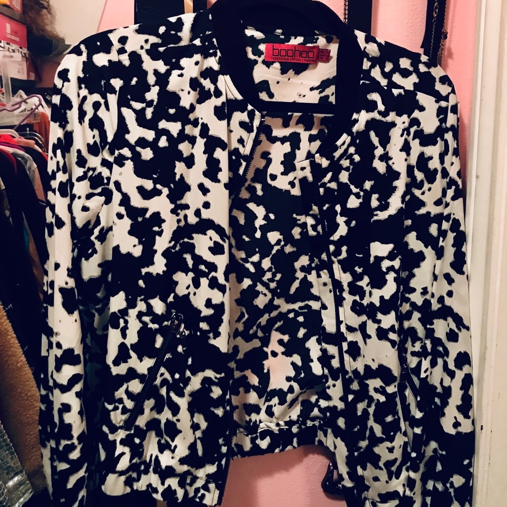Boohoo cow print bomber jacket